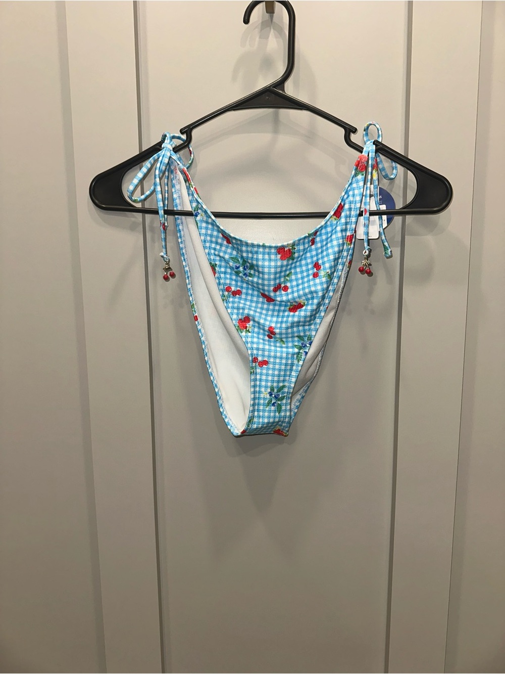 NWT Tie-Side Bikini Bottom in Light Blue Gingham with Cherry Print